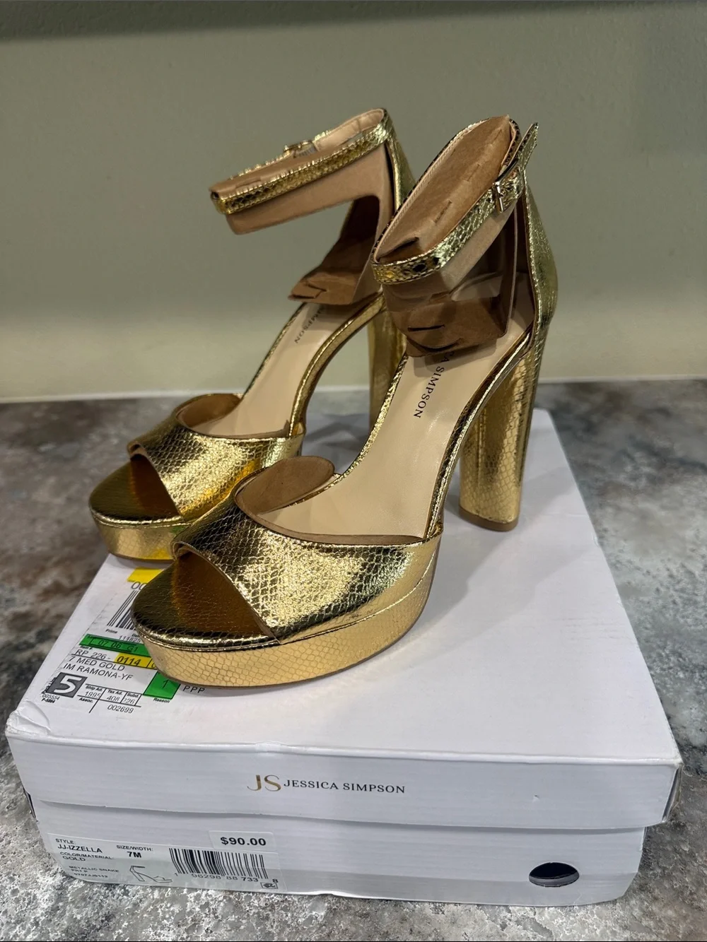 Jessica Simpson Gold Textured Platform Block Heel Sandals